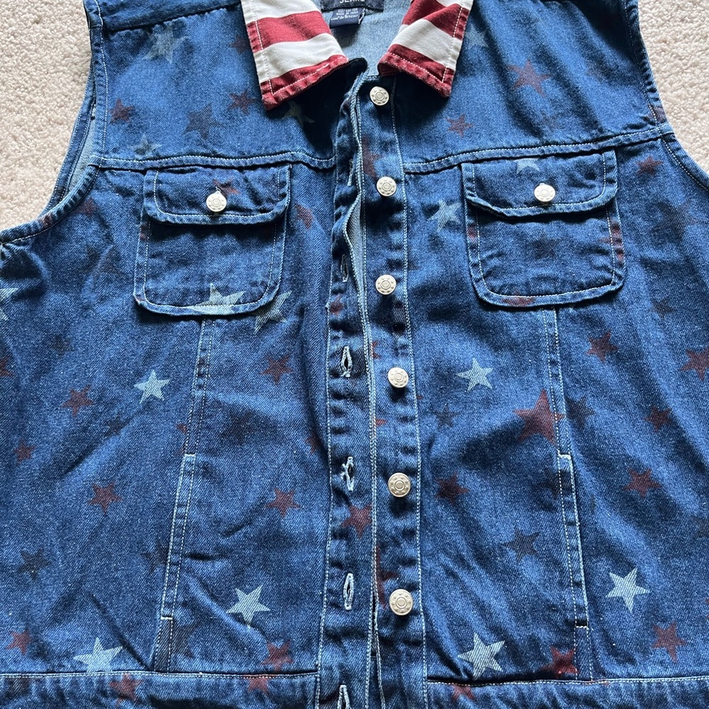 Vintage 90s Denim Vest with Star Pattern Quizz Again Large